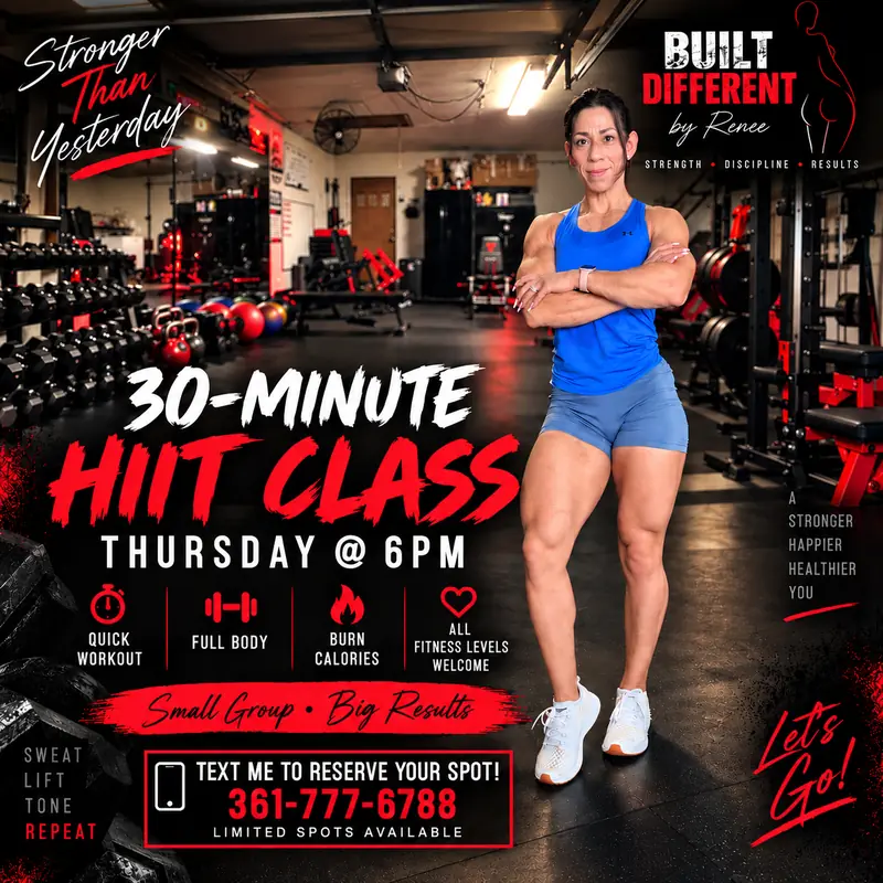 30-minute HIIT class flyer — Thursdays at 6 PM